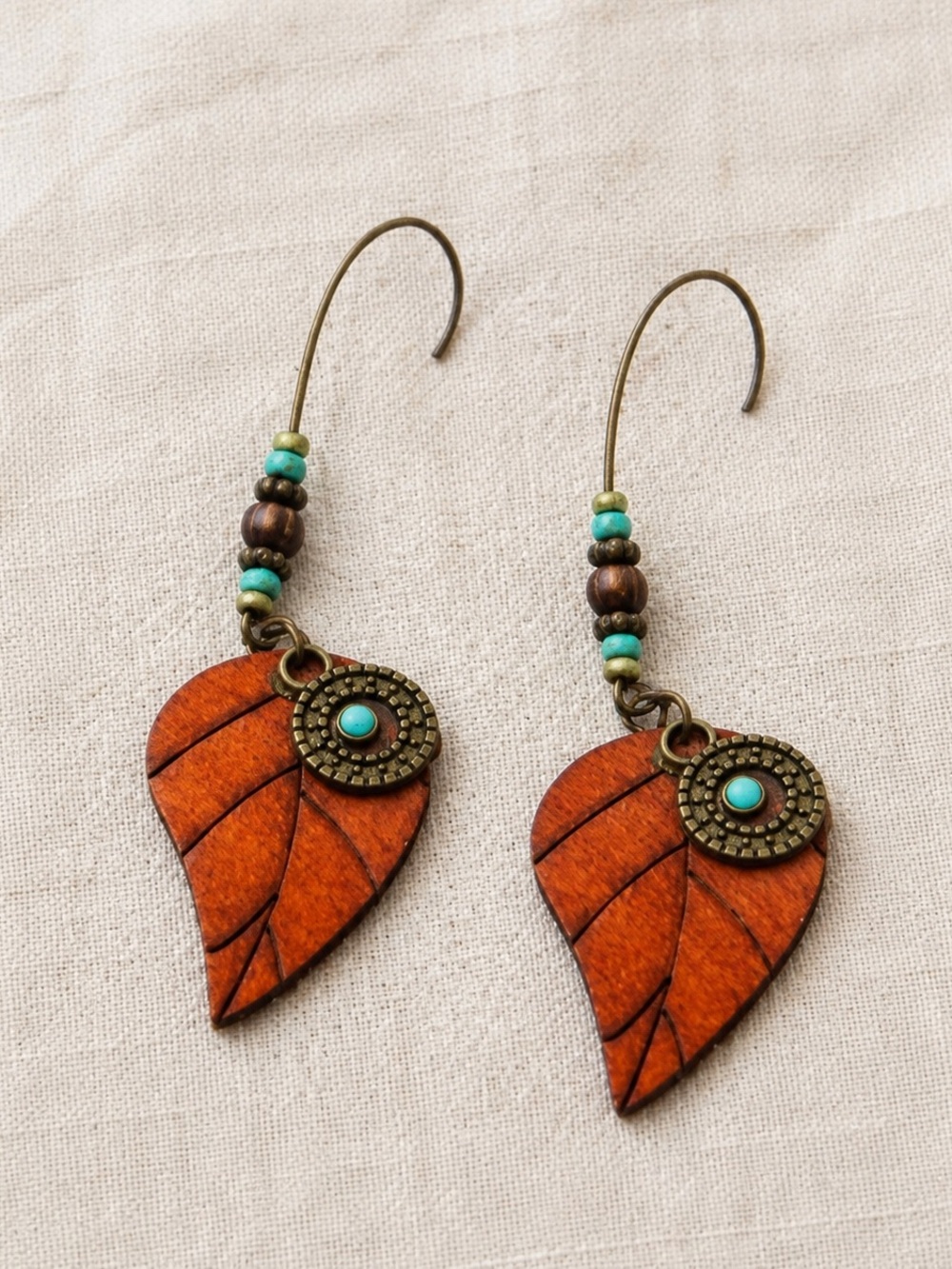 Wooden Leaf Drop Earrings Turquoise Beaded Boho Nature Inspired Dangle
